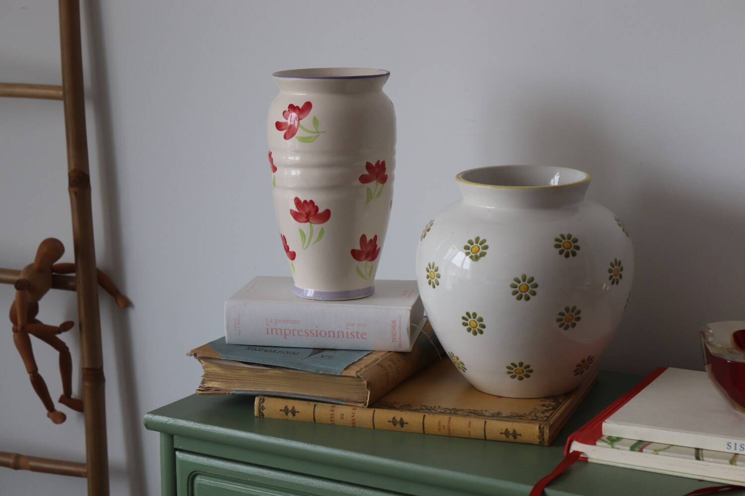 Vintage painted red flower ceramic vase