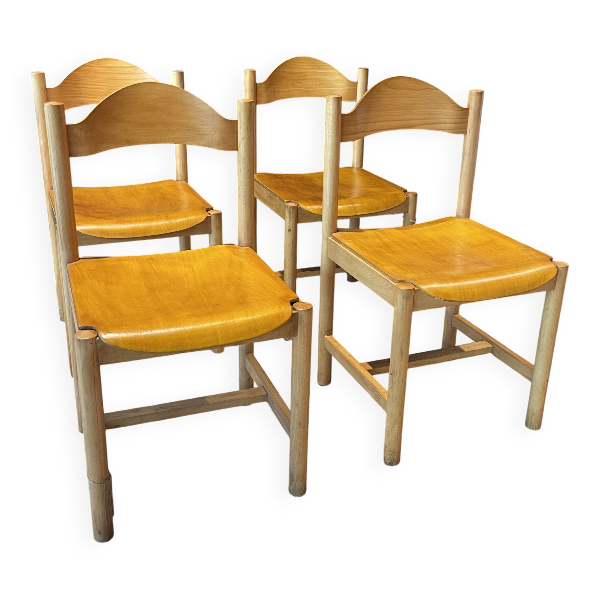 Set of 4 modernist light wood chairs from France, 1990s