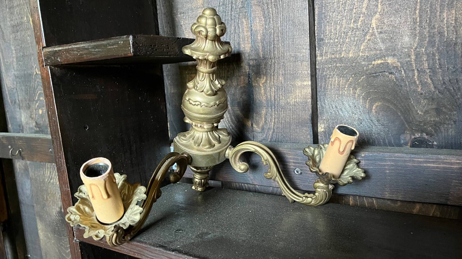 Pair of vintage golden bronze 2-light wall lights