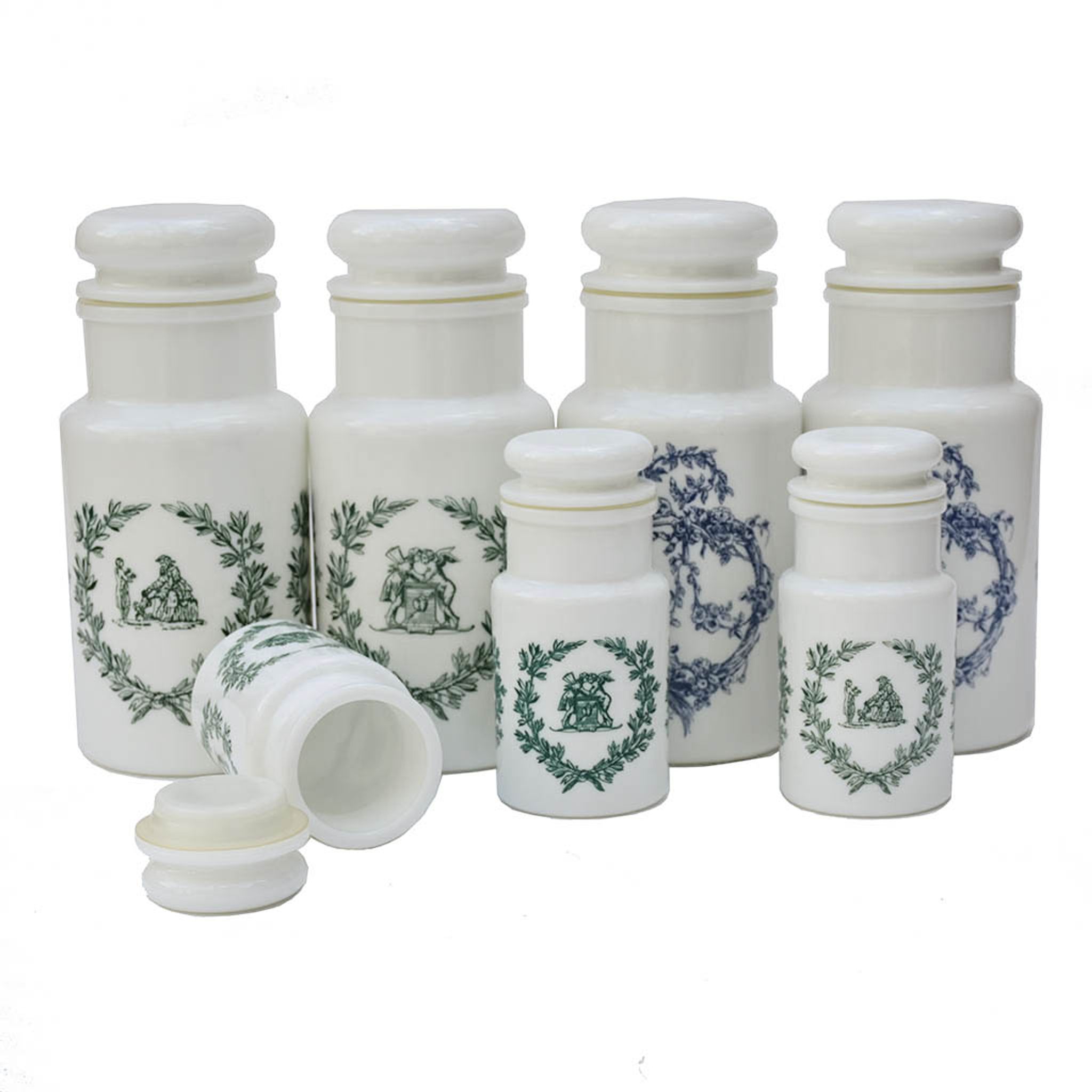 Lot 7 white opal glass jars with vintage airtight lid