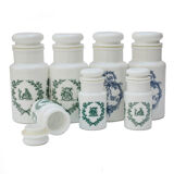 Lot 7 white opal glass jars with vintage airtight lid