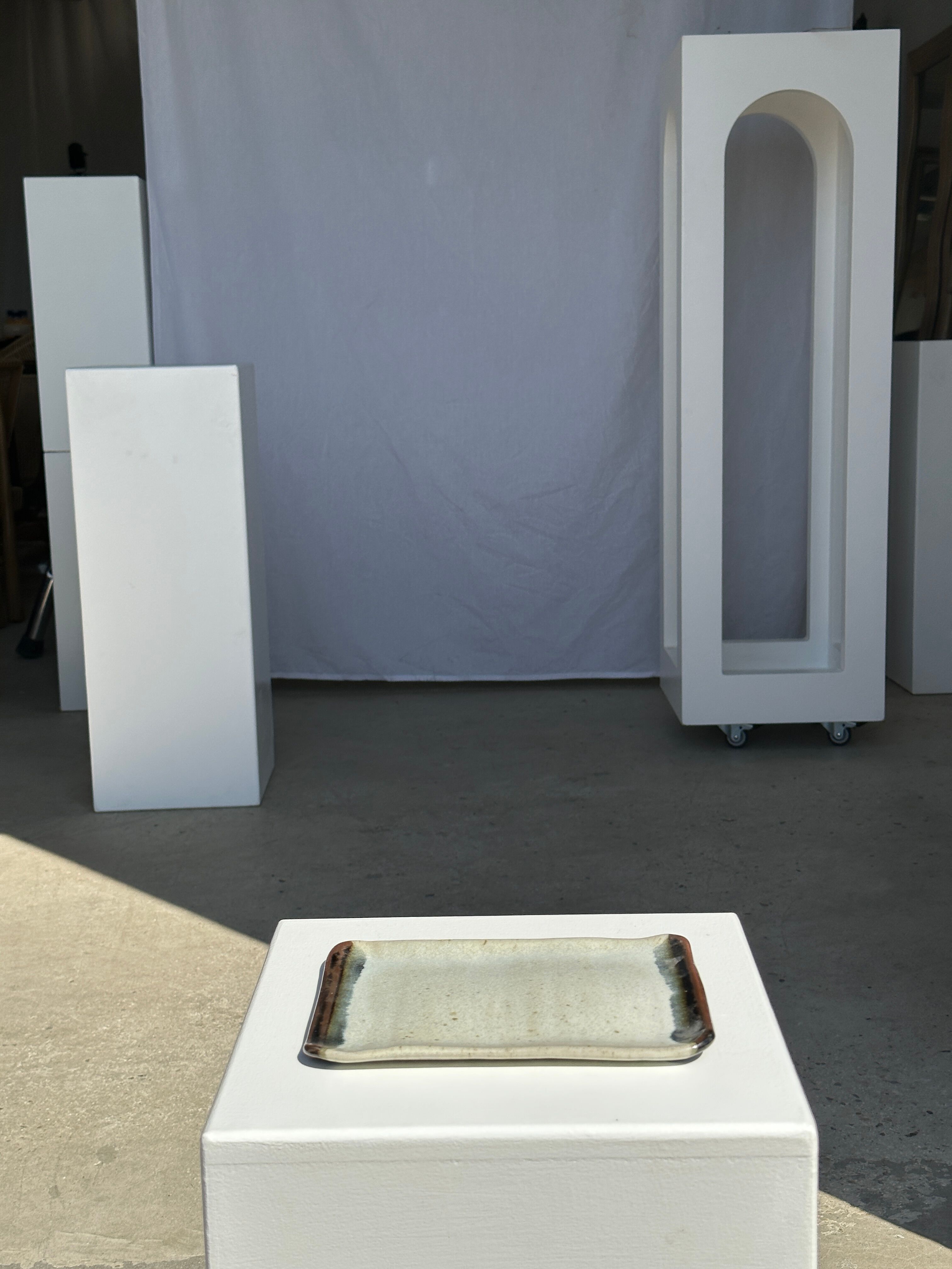 Trio of small rectangular serving dishes white and black Indonesian ceramic 21x16