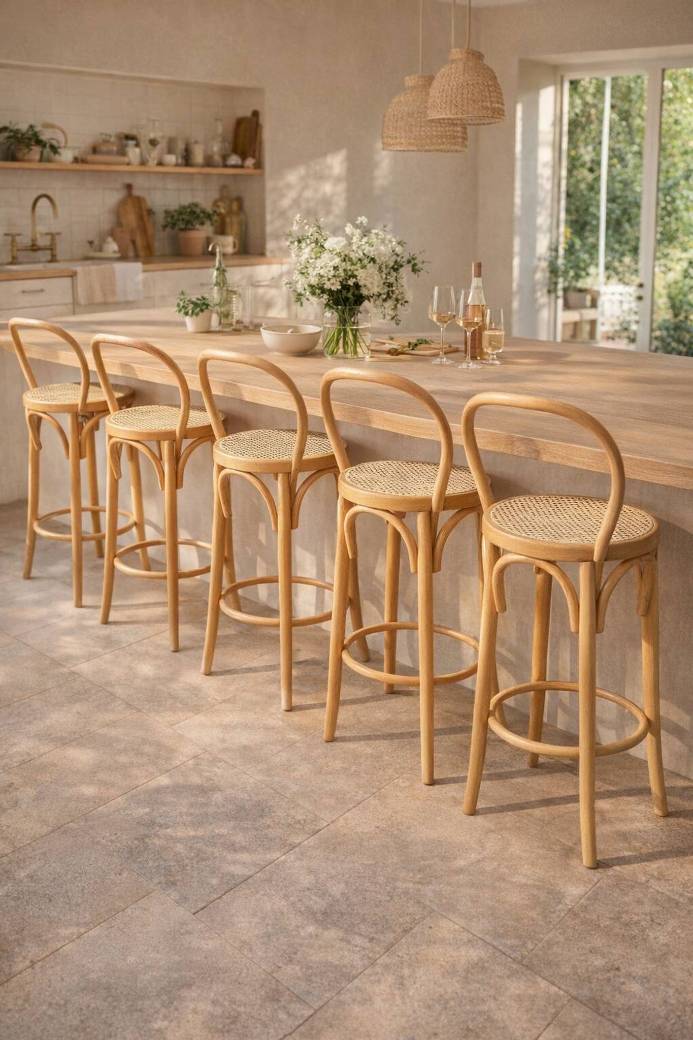 Ensemble de 5 tabourets style Thonet en bois courbé et paille de Vienne des années 70.