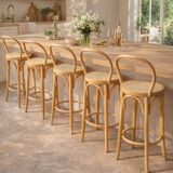 Set di 5 Sgabelli Thonet Style in Legno Curvato e Paglia di Vienna '70