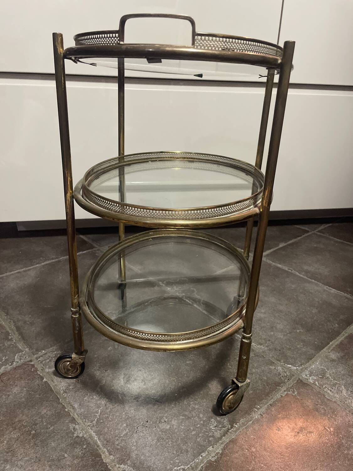 Serving cart, shelf, three-tier metal and glass trolley