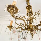 Lustre ancien en bronze à 5 bras avec verre de Murano rose et cristal