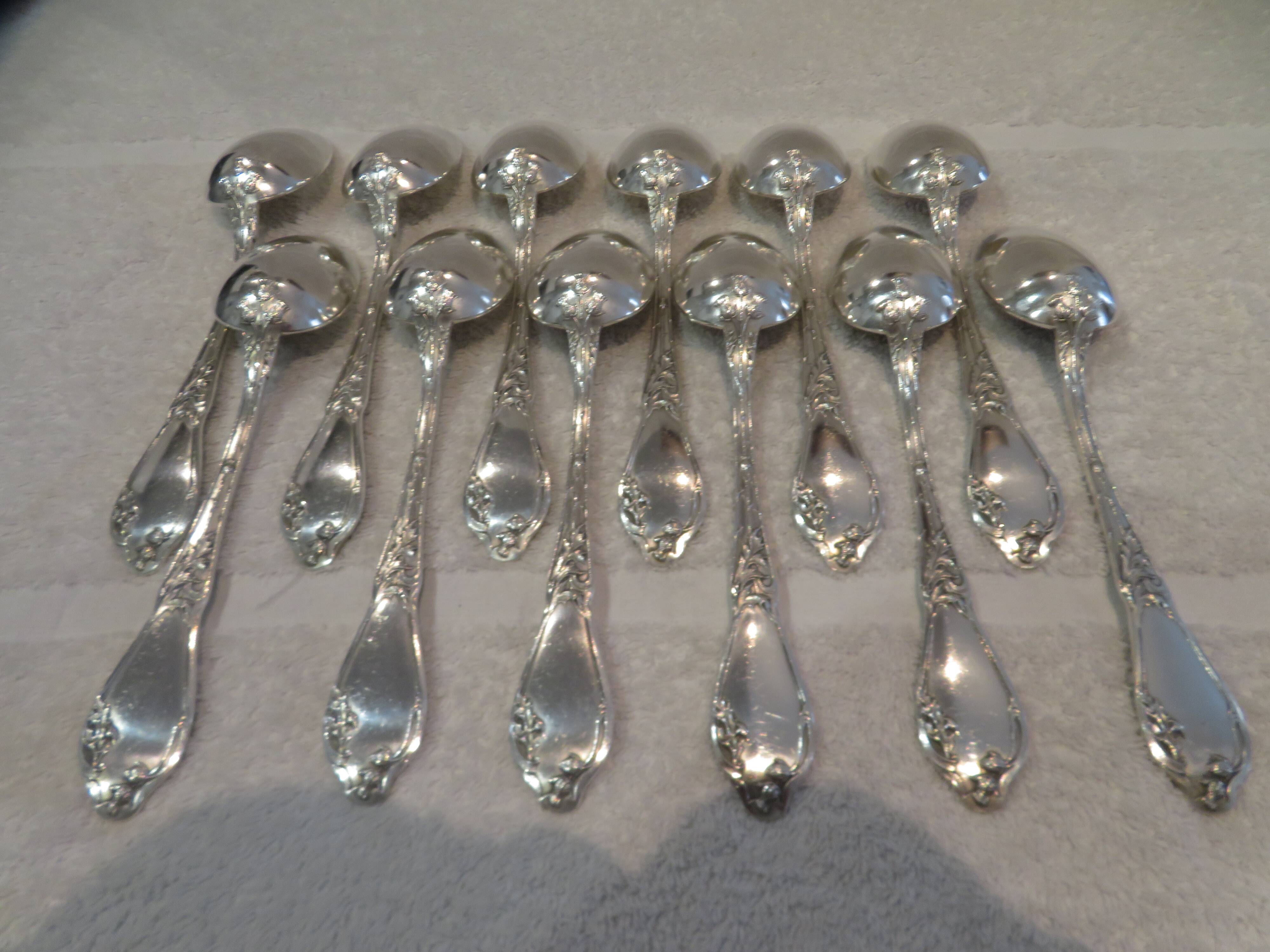 12 silver plated soup spoons by Boulenger, Art Nouveau Chardons