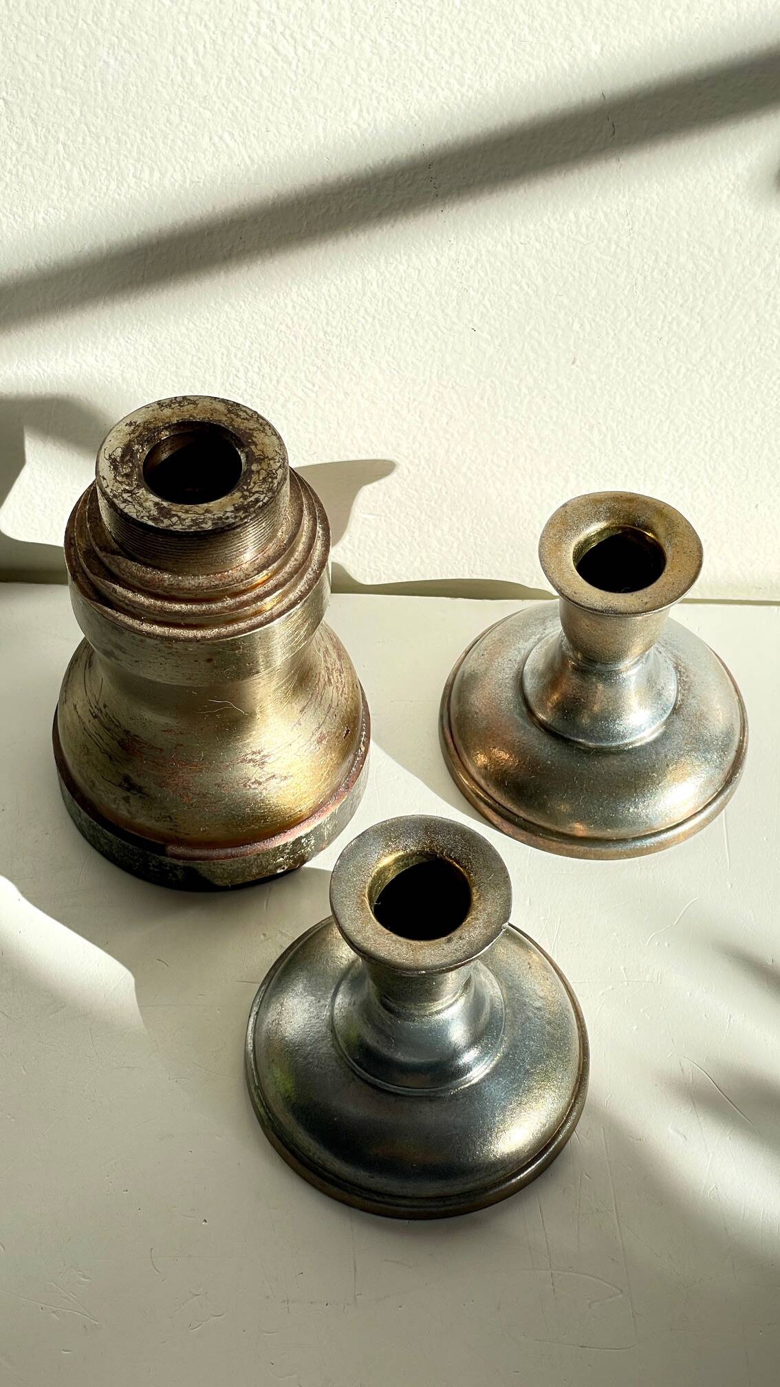 Industrial candle holders steel and silver bronze vintage