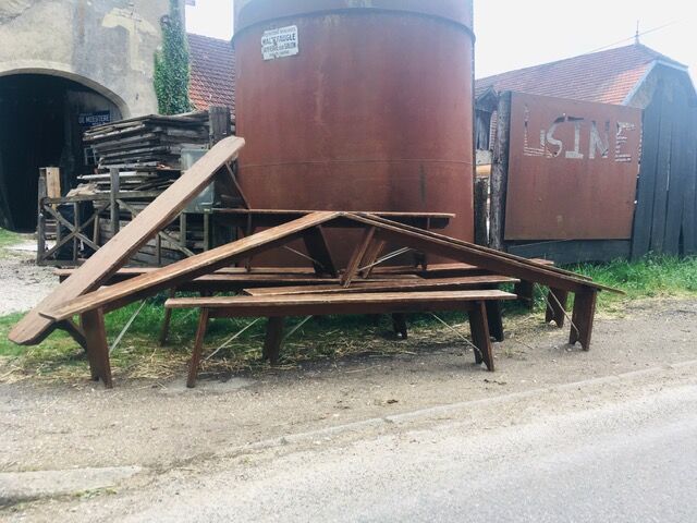 lot of 10 '30s bistro benches in pretty pattine fir