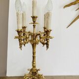 Pair of gilded bronze candlesticks, marble bases.