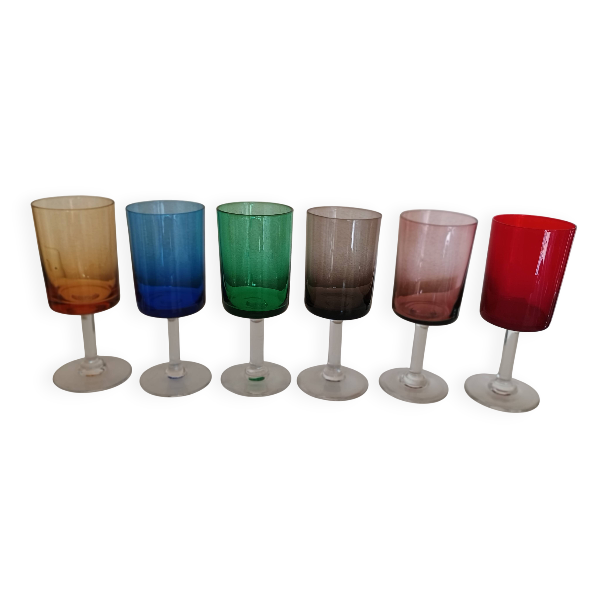 6 straight wine glasses in different colors with colorless stems 10cl - vintage
