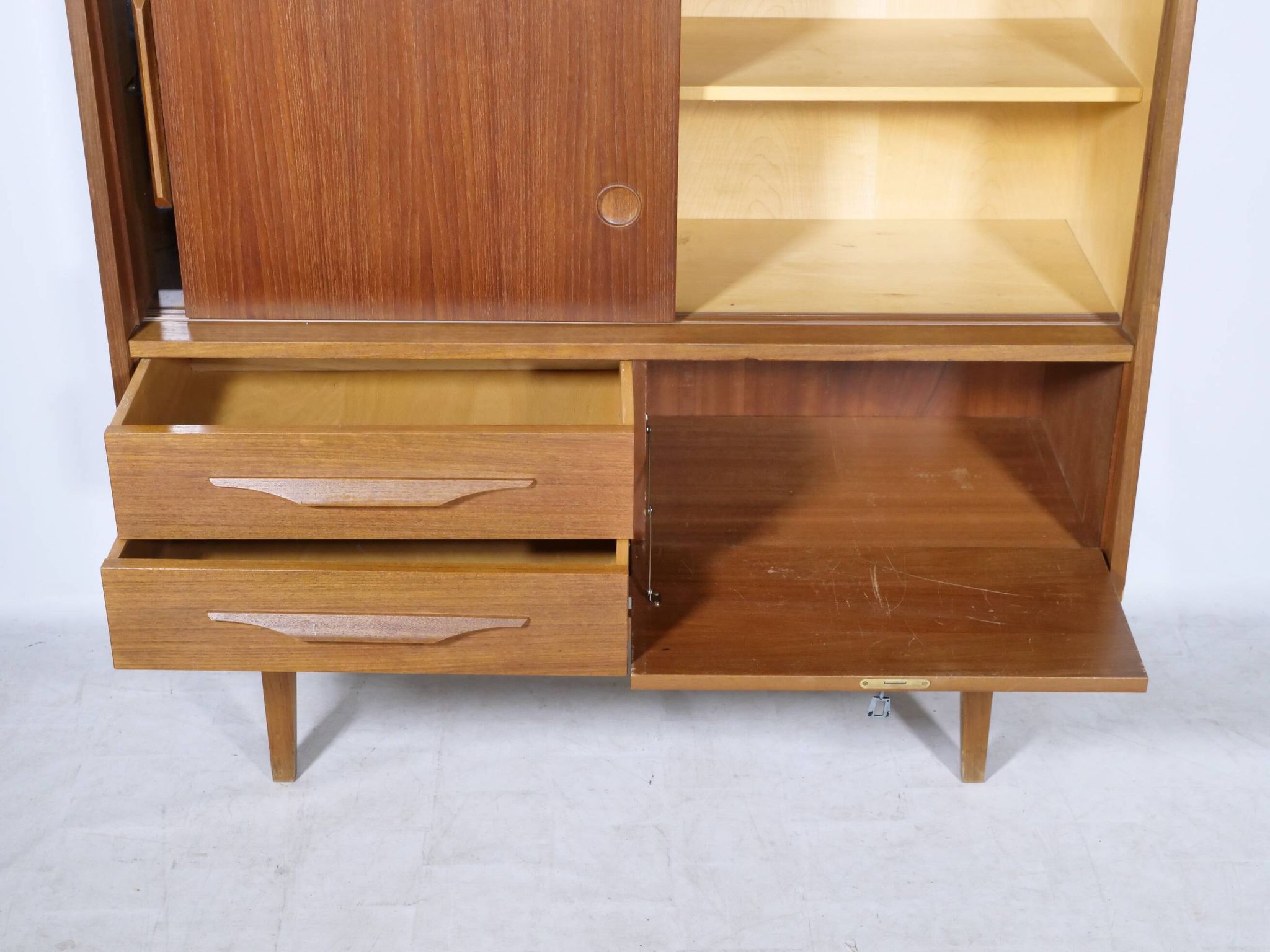 Mid Century Teak Highboard with Glass Display Cabinet & Sliding Door, 1960s
