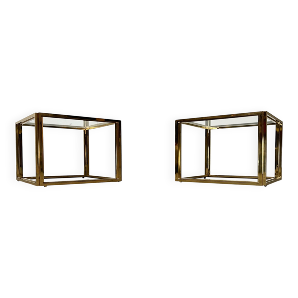 Tables d'appoint cube en laiton et verre à la française Hollywood Regency de Maison Charles, années 1970, lot de 2