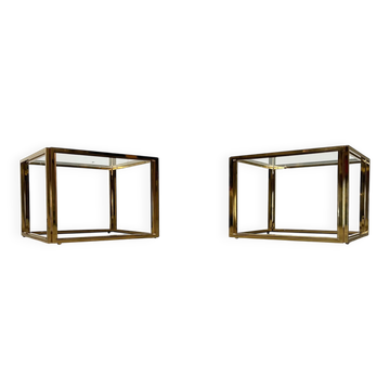 Cube side tables in brass and glass in the French Hollywood Regency style by Maison Charles, 1970s, set of 2.