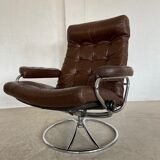 Vintage brown leather reclining lounge chair Ekornes Stressless & stool, 1960s
