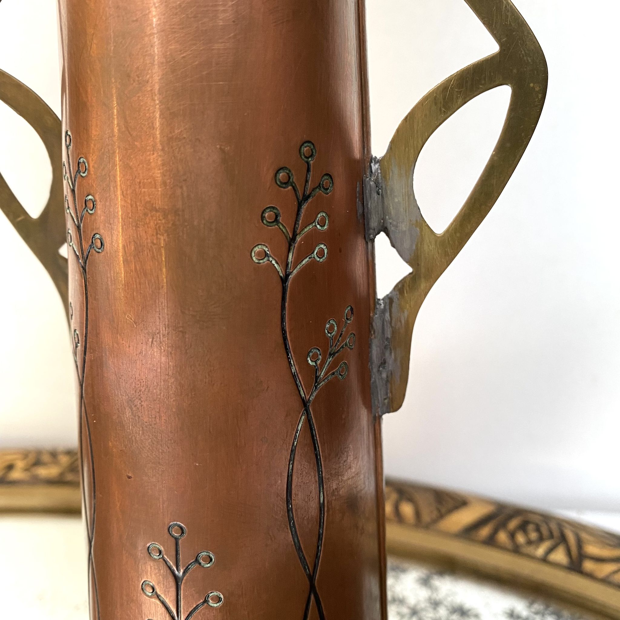 Pair of GBN art deco copper and brass vases