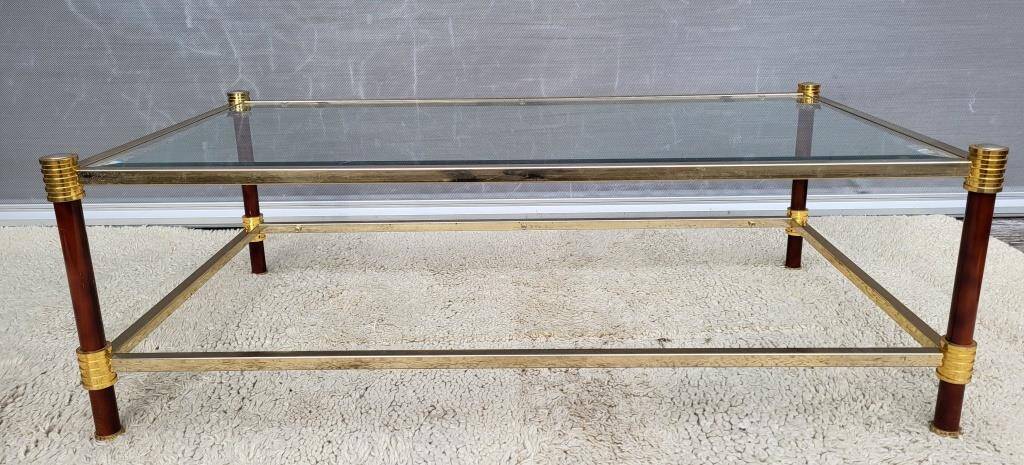 Gold glass coffee table with tobacco-colored legs, 1970s design