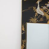 Miroir chinois vintage laqué noir et motifs colorés