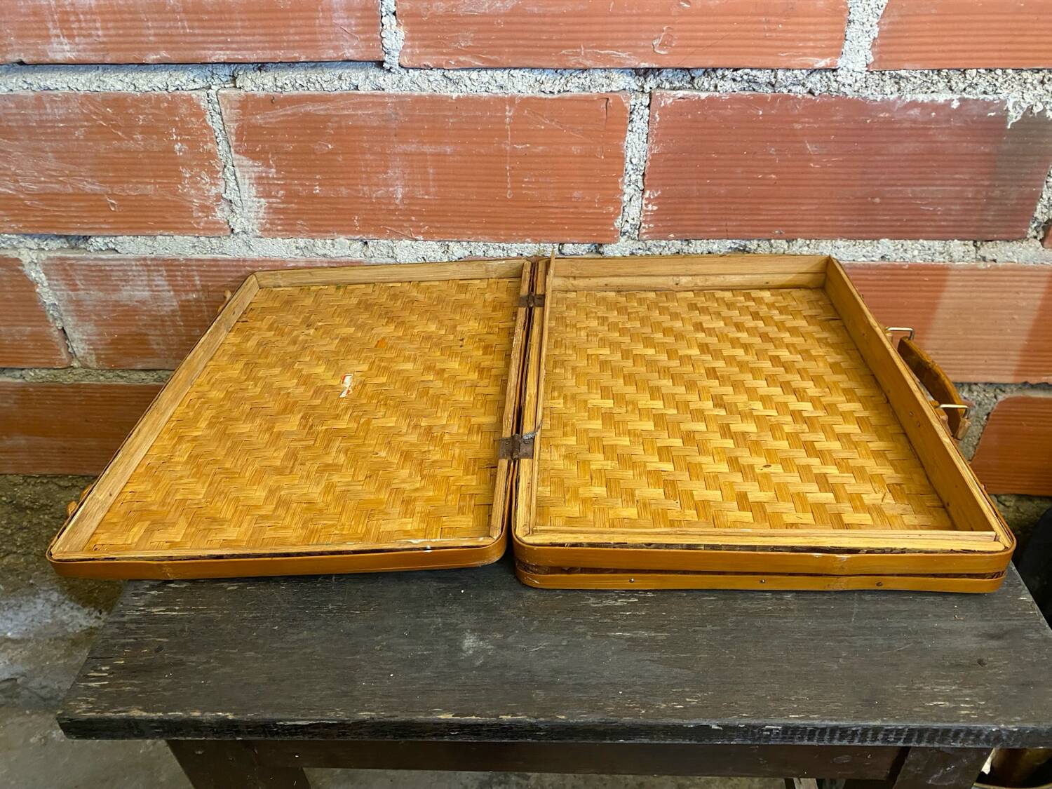 Vintage Wooden & Woven Bamboo Transport Box #D624