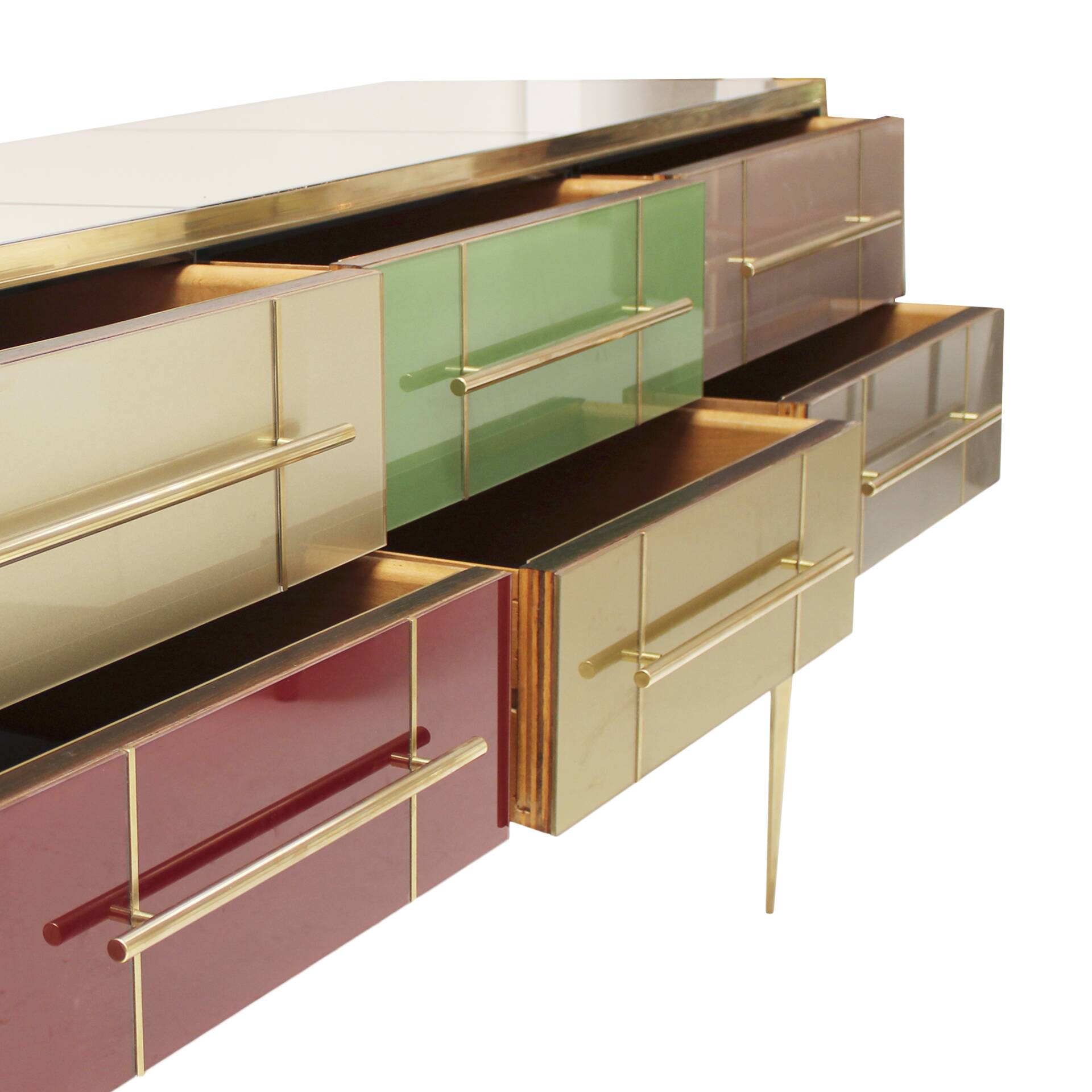 Mid-Century Modern Solid Wood and Colored Glass Italian Sideboard