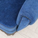 Années 1960, fauteuil relax danois à dossier haut, état d'origine, meuble en velours bleu.