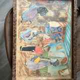 Antique wooden tray depicting a family scene