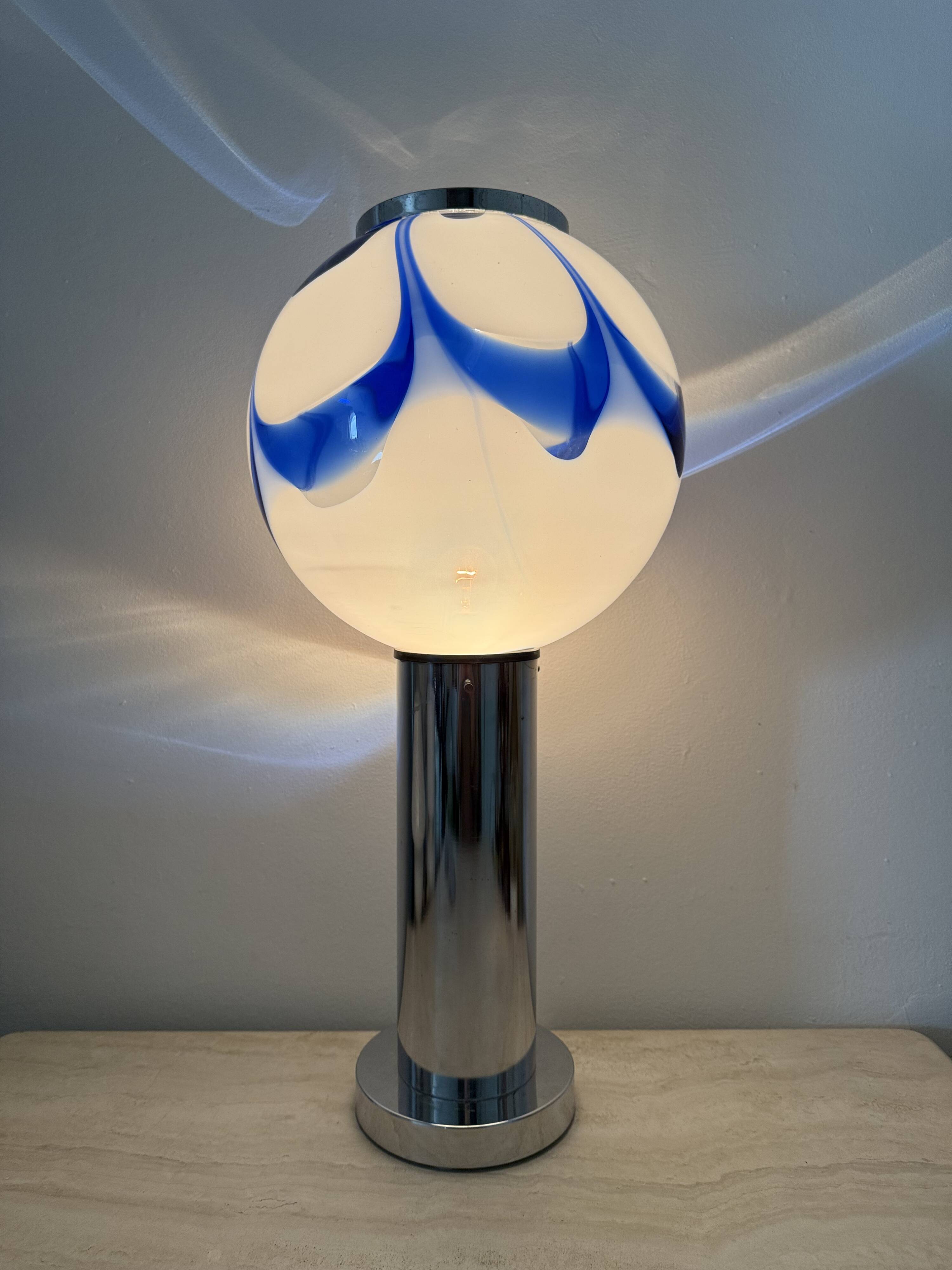 Mid – century Large glass table lamp with blue swirl , 1970s Italy