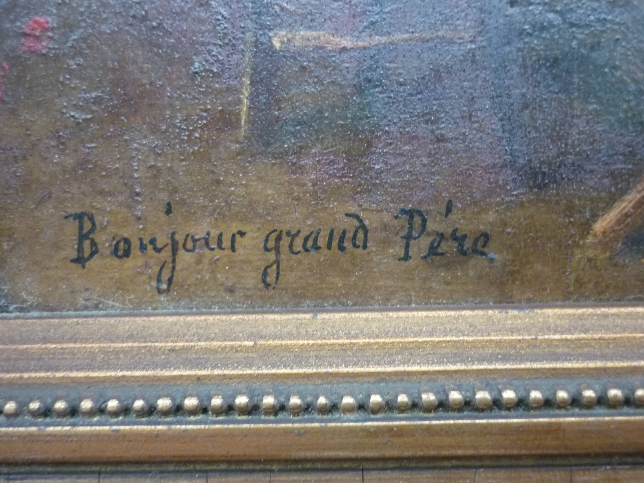 Tableau, huile sur panneau "Bonjour Grand Père", début XXème, cadre doré