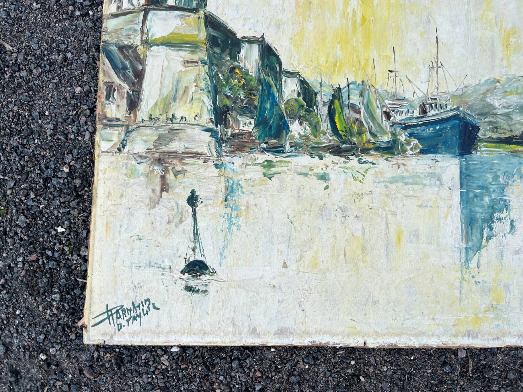Animated view of a table with sailboats, signed.