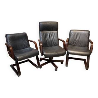 Set of 3 wooden and faux leather armchairs