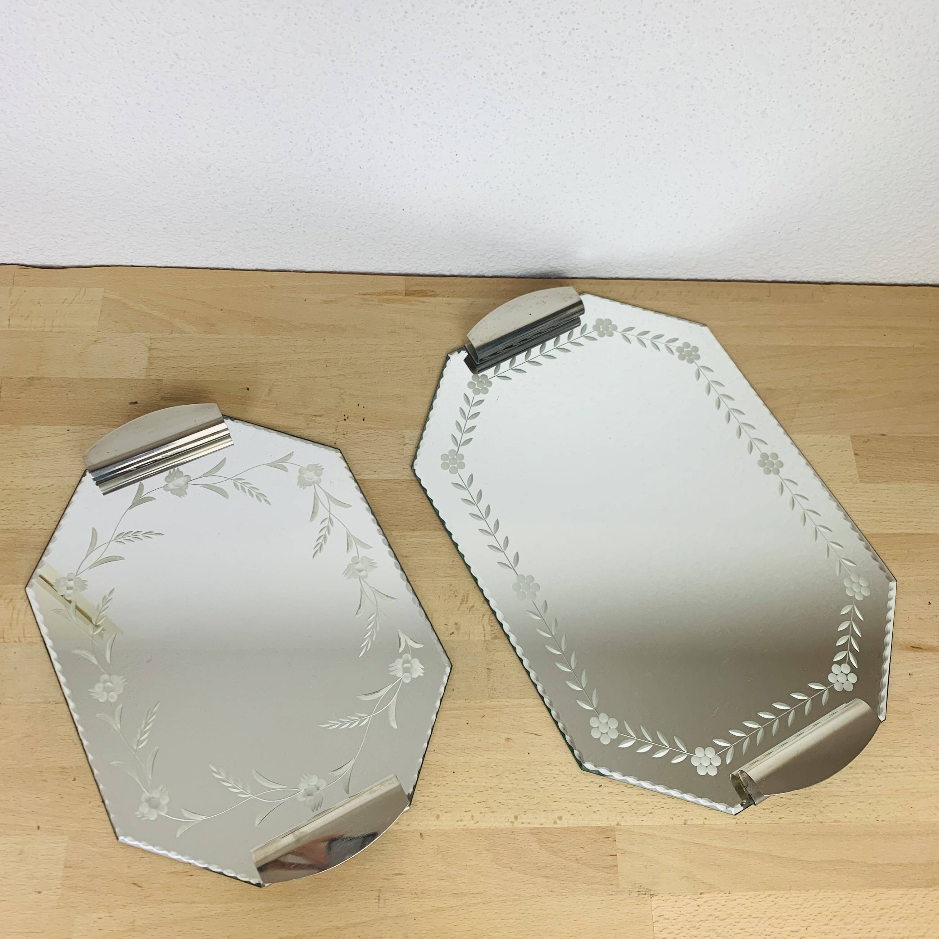 2 beveled art deco mirror trays