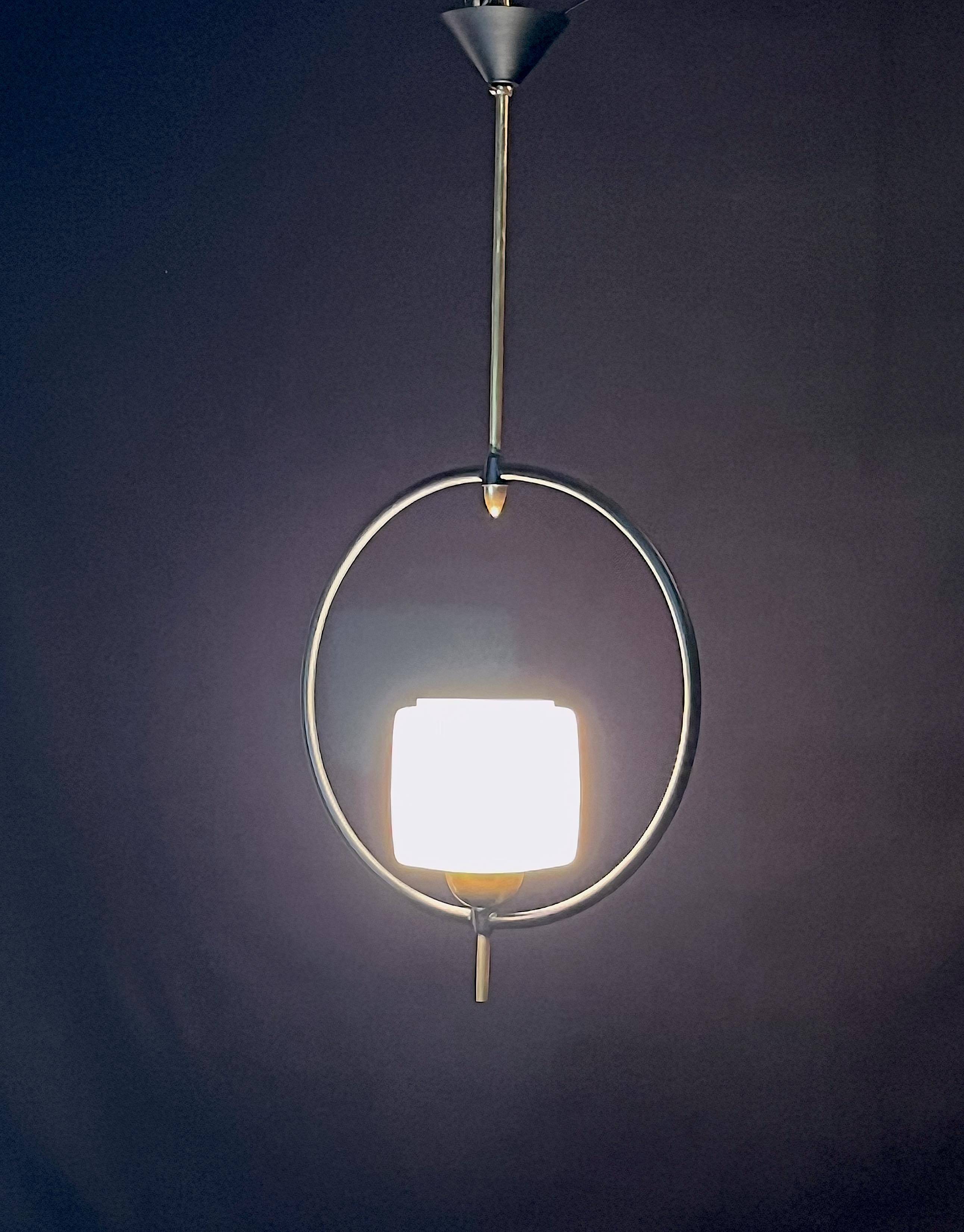 Maison Lunel, Mid-Century Black and Brass Circular Pendant Lamp, France