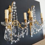 Pair of wall lamps two bronze lights with grapevines and crystal garlands – Louis XV style