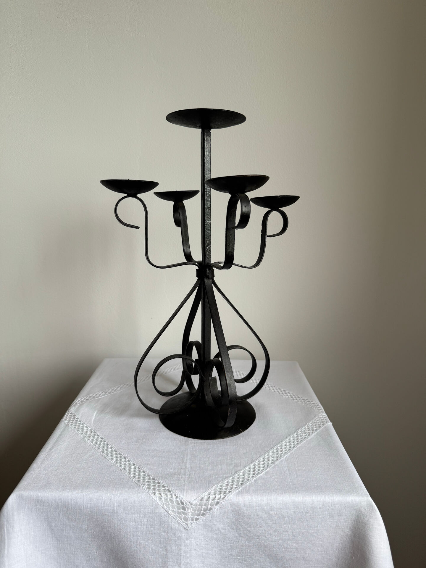 Vintage Brutalist large black wrought iron candelabra