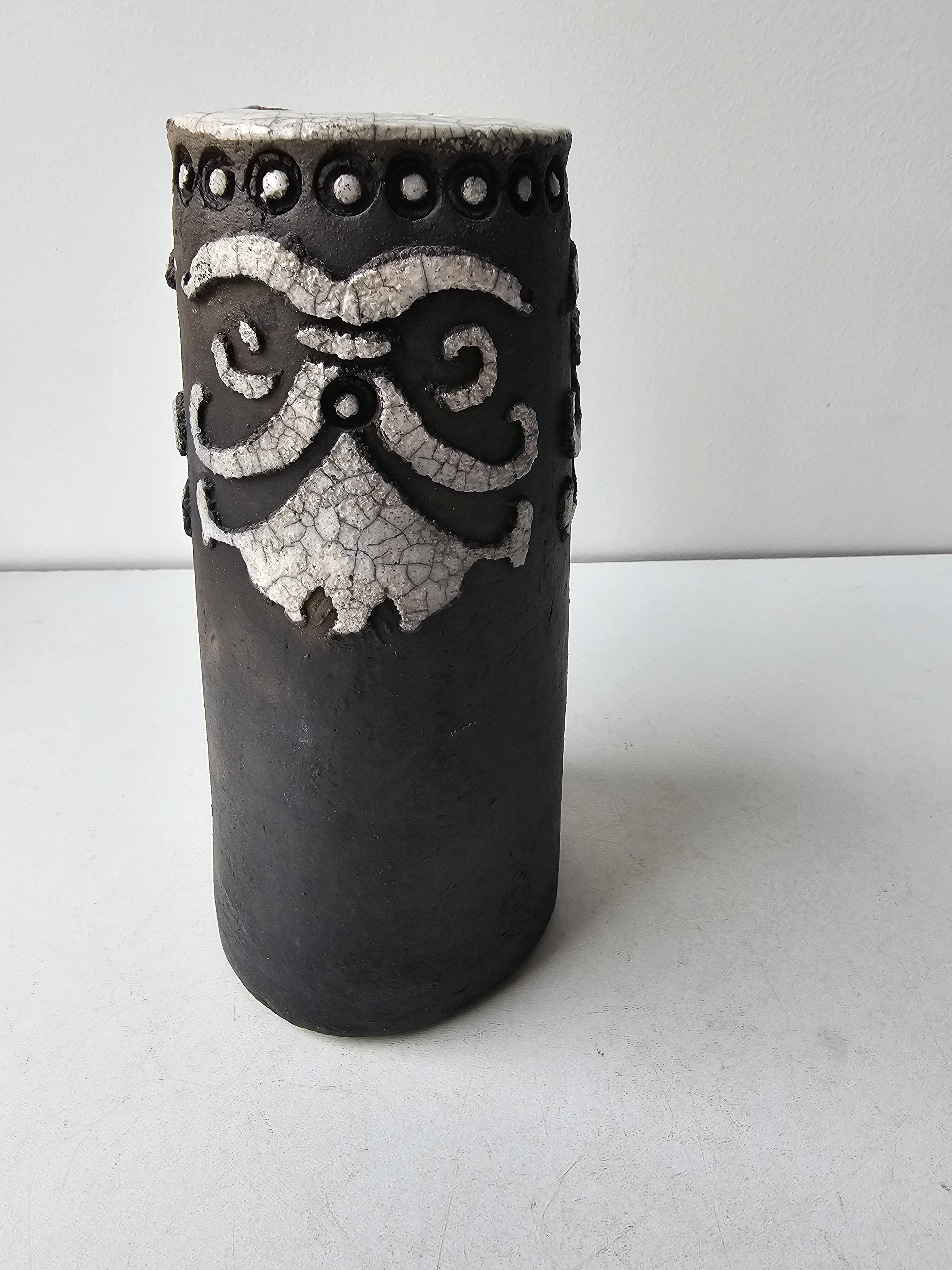 Raku ceramic roll vase signed Potty