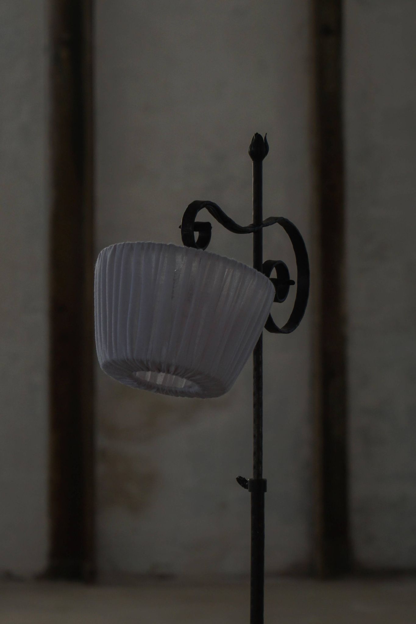 20th-century wrought iron floor lamp with swirling detail, Danish Art Deco.