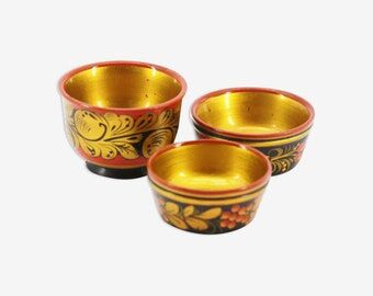 3 cups made of vintage Russian khokhloma wood
