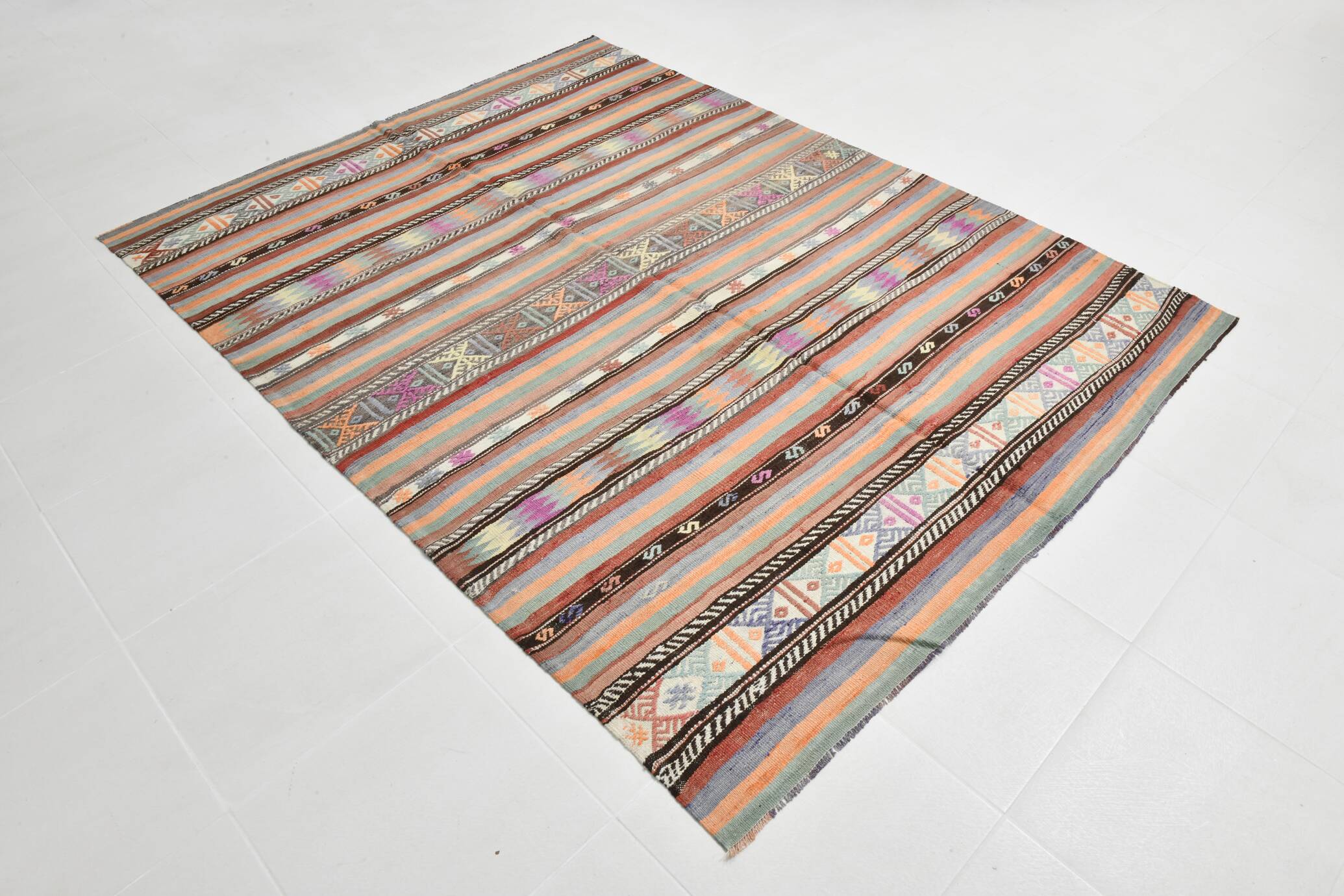 6x8 Ethnic Striped Green & Orange Kilim Rug, 176x230Cm