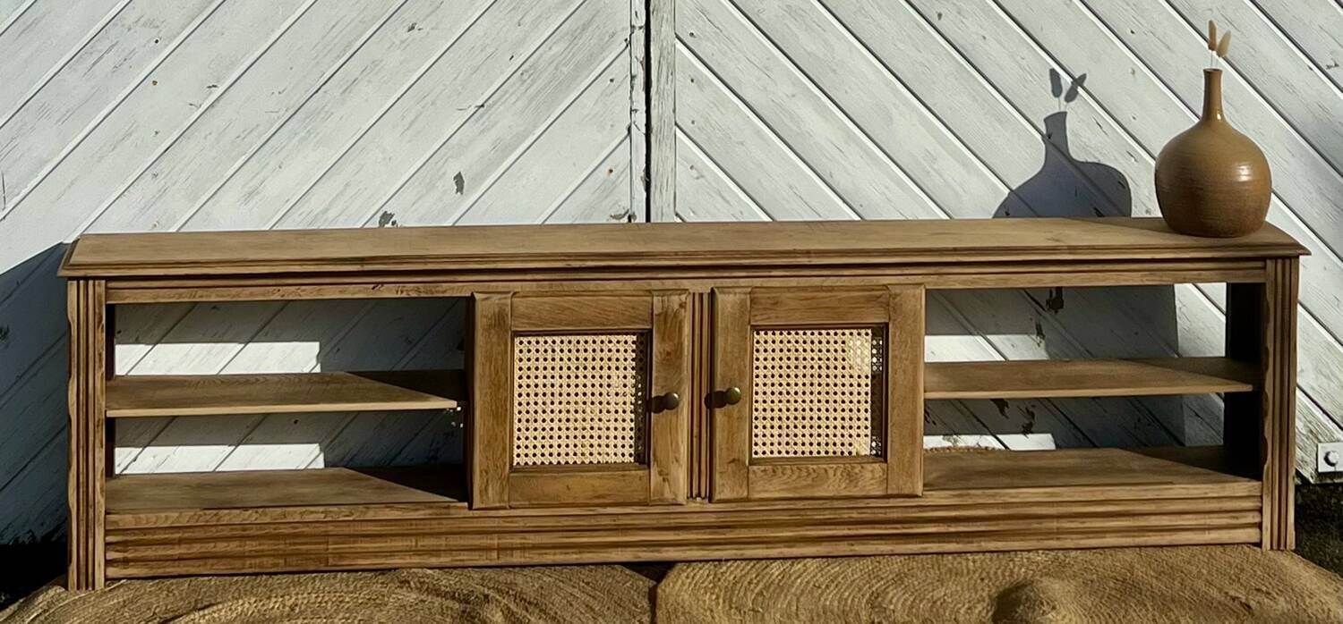 Vintage oak sideboard TV unit with raw finish and caning.