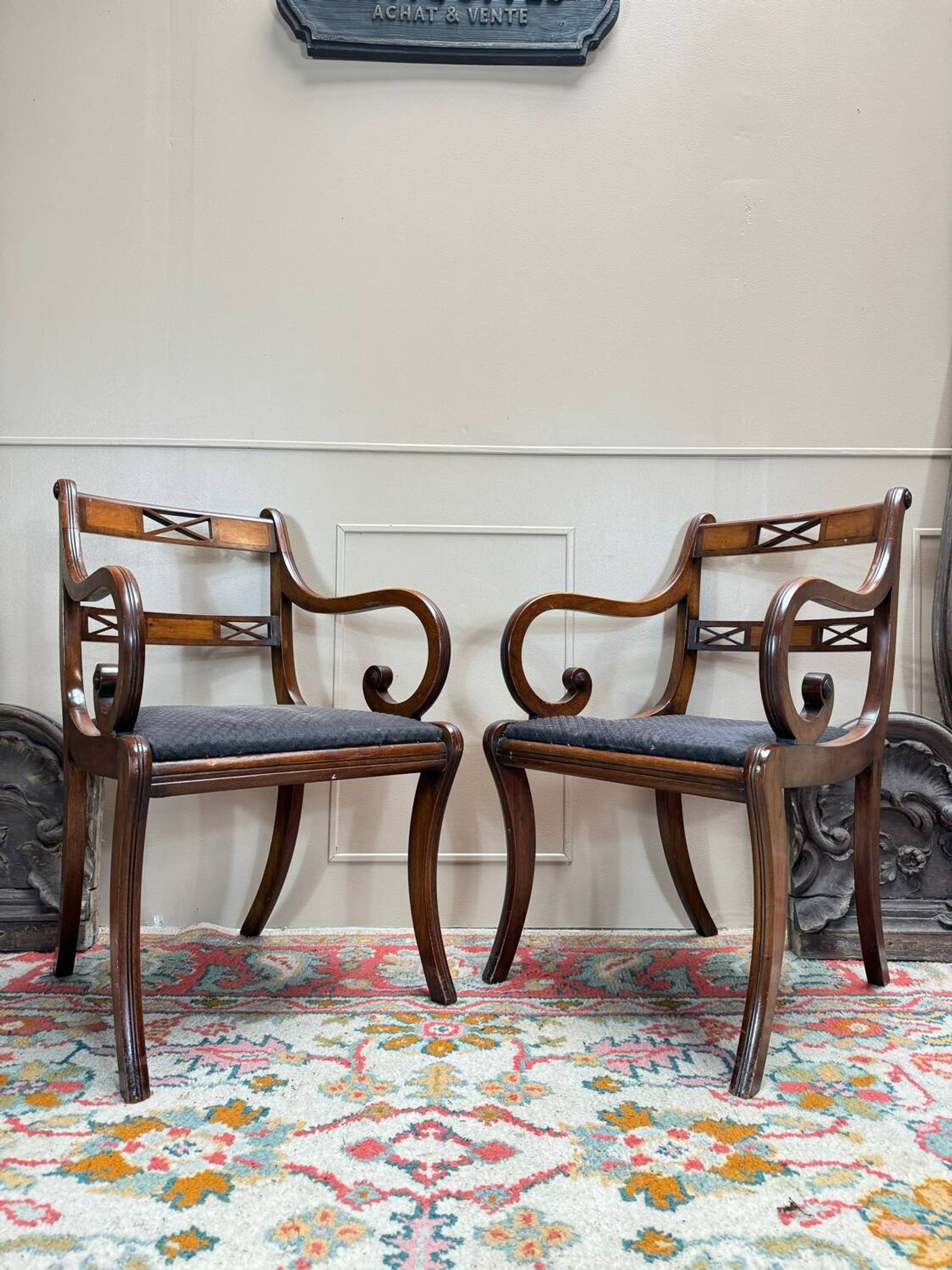 Pair of Armchairs and Pair of Chairs in Mahogany, 20th Century