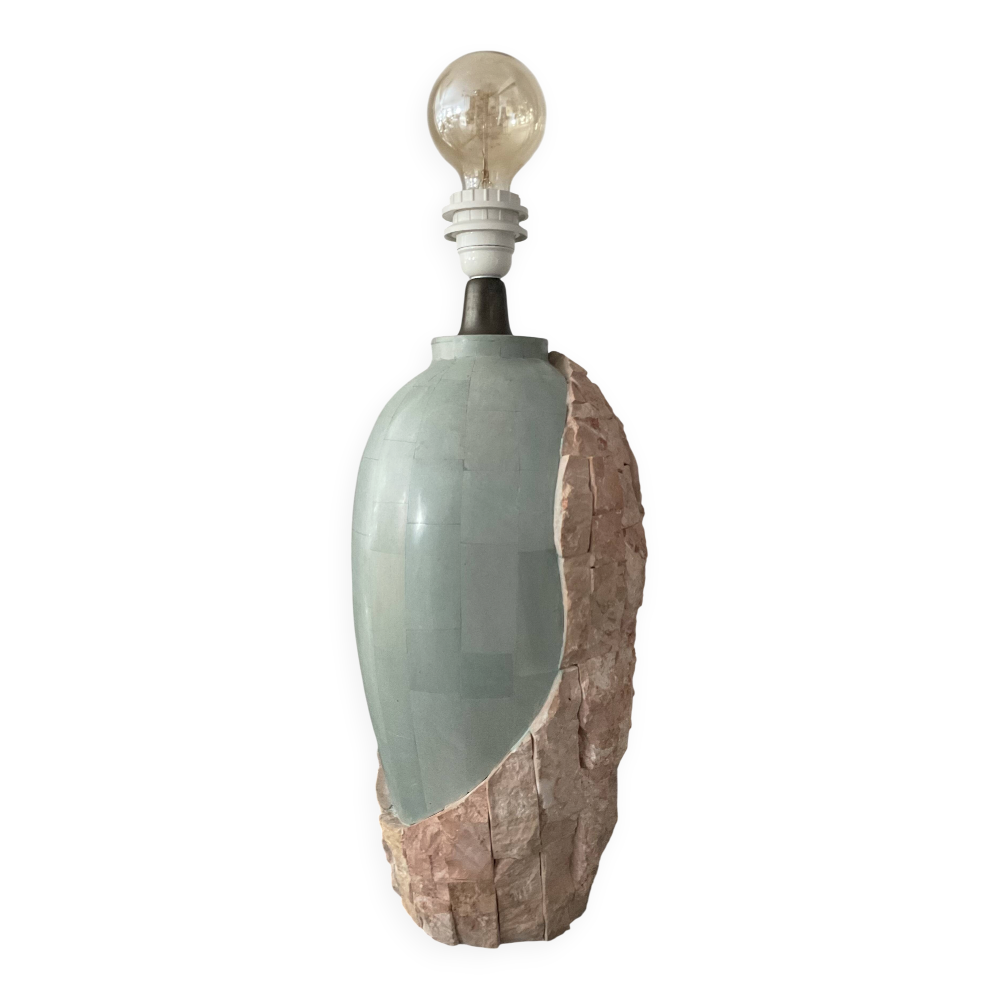 Vintage lamp base in Mactan stone and green marble.