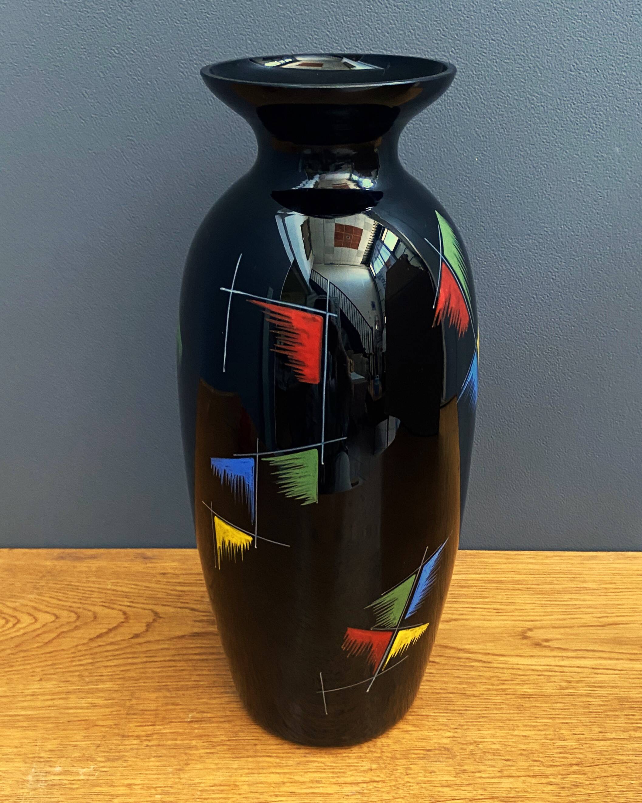 Black glass vase with red, green, blue and yellow details 1960s