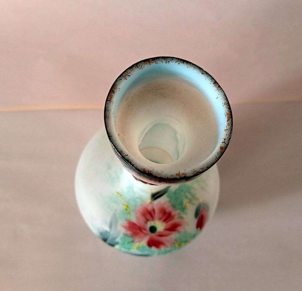 Late 19th Century French Opaline Glass Vase - Hand-Painted Floral Soliflore