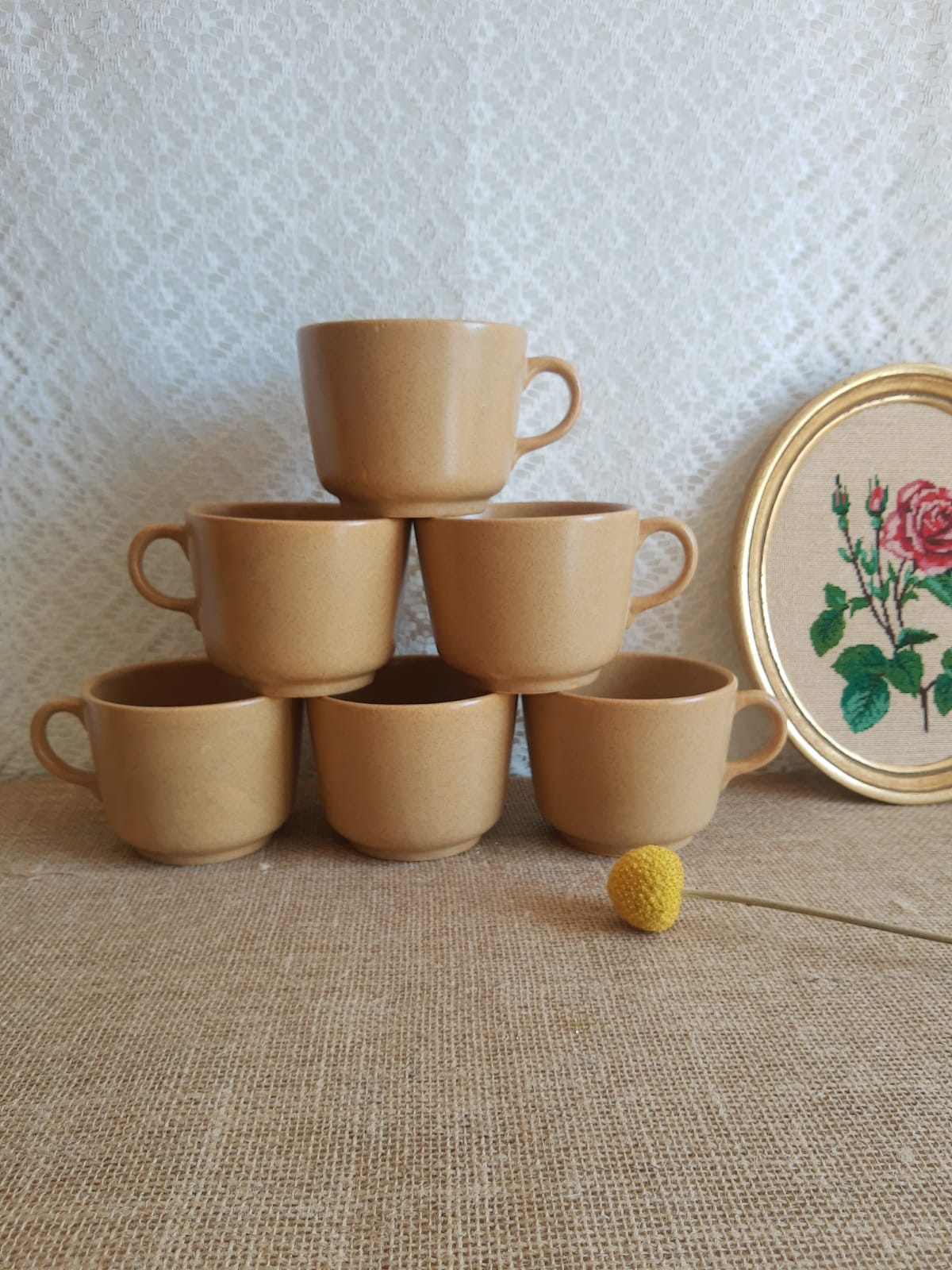 Set 6 coffee cups in sarreguemines sandstone france vintage