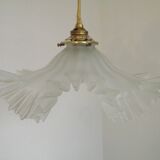 Vintage French Art Deco White Opaque Glass Pendant Light Clear Frilled Edge