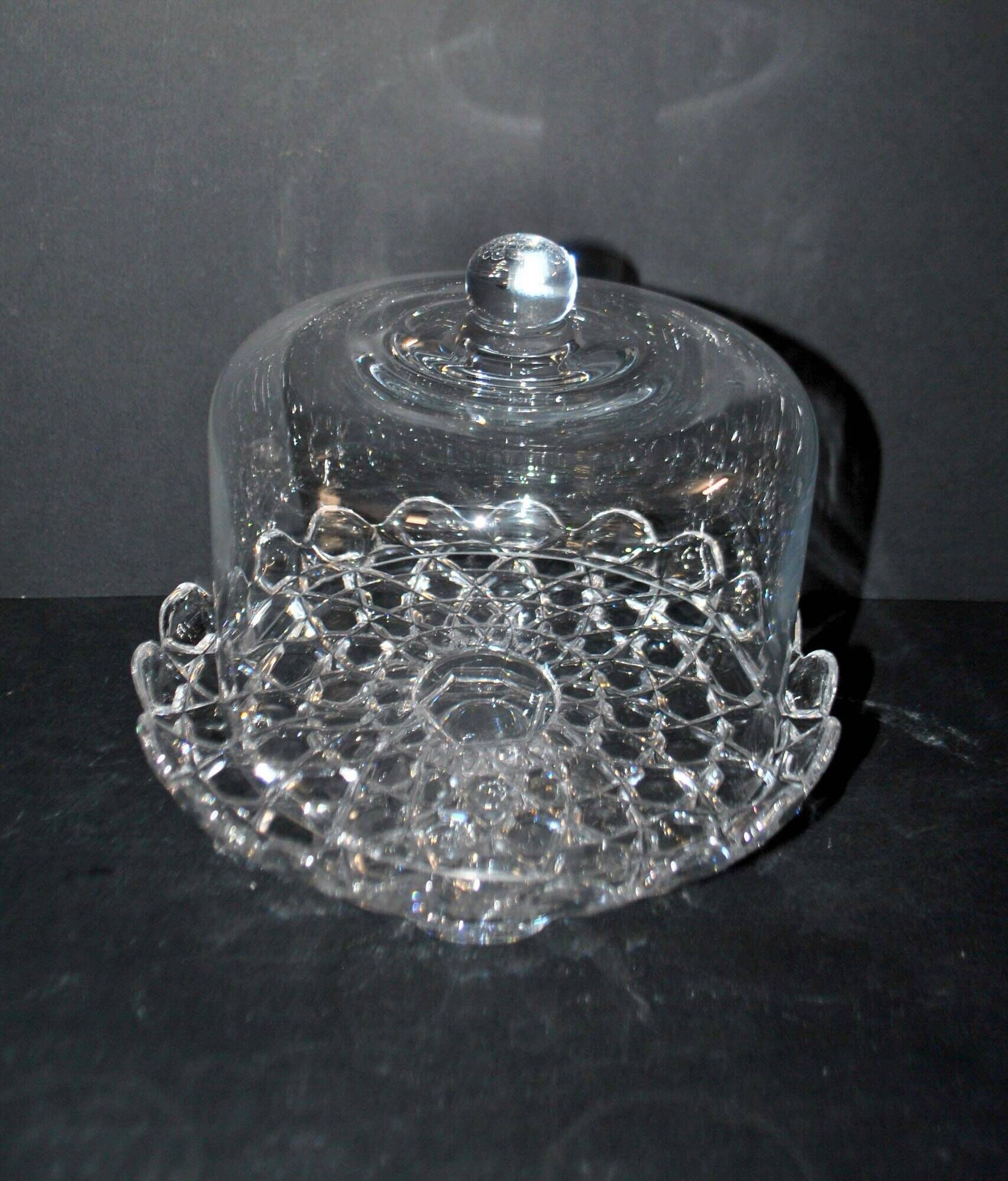 Antique cheese dome on a diamond moulded crystal stand, 1920, marked registered.