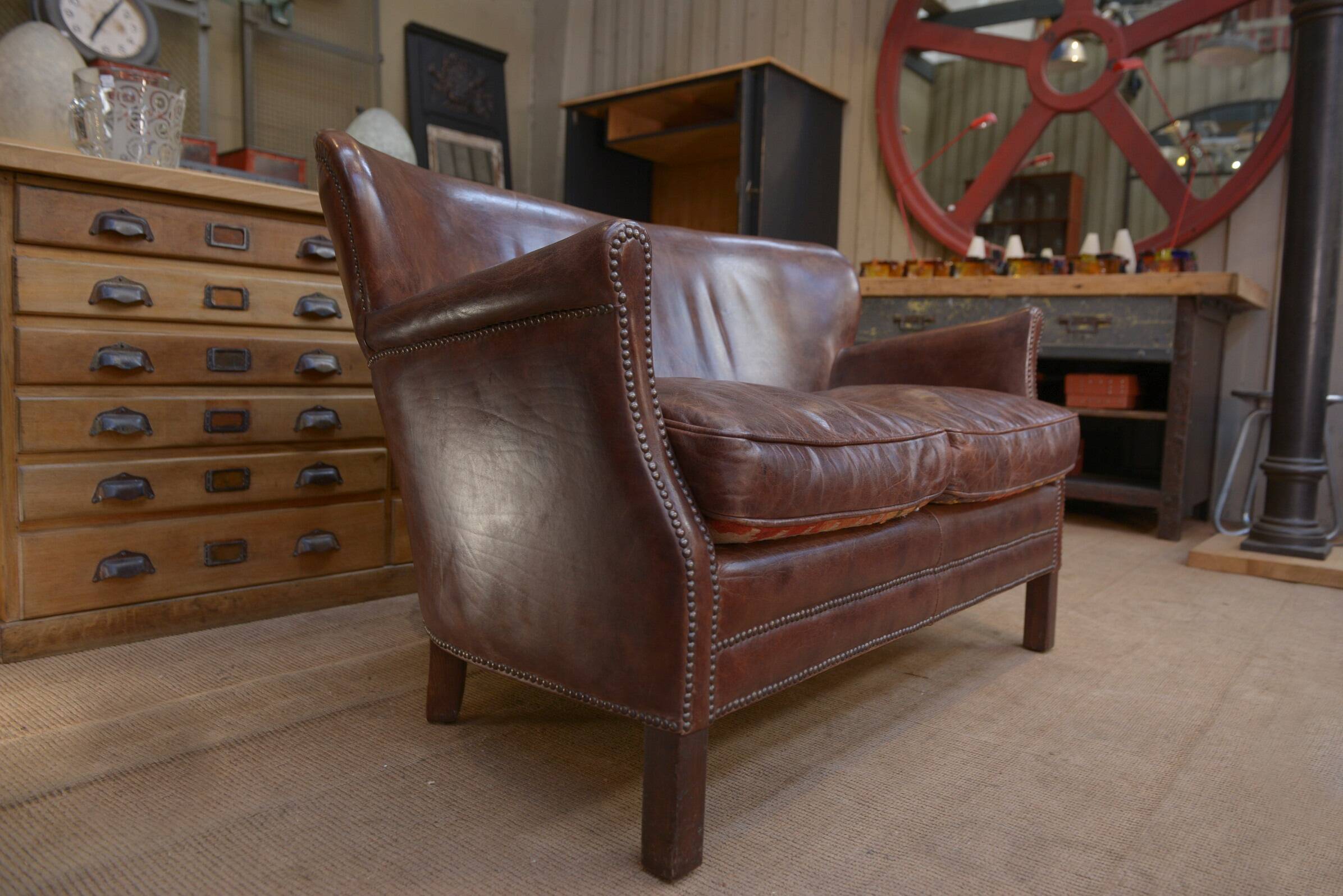 Small Vintage Bench Sofa Studded Leather Sofa 1970s