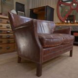 Small Vintage Bench Sofa Studded Leather Sofa 1970s
