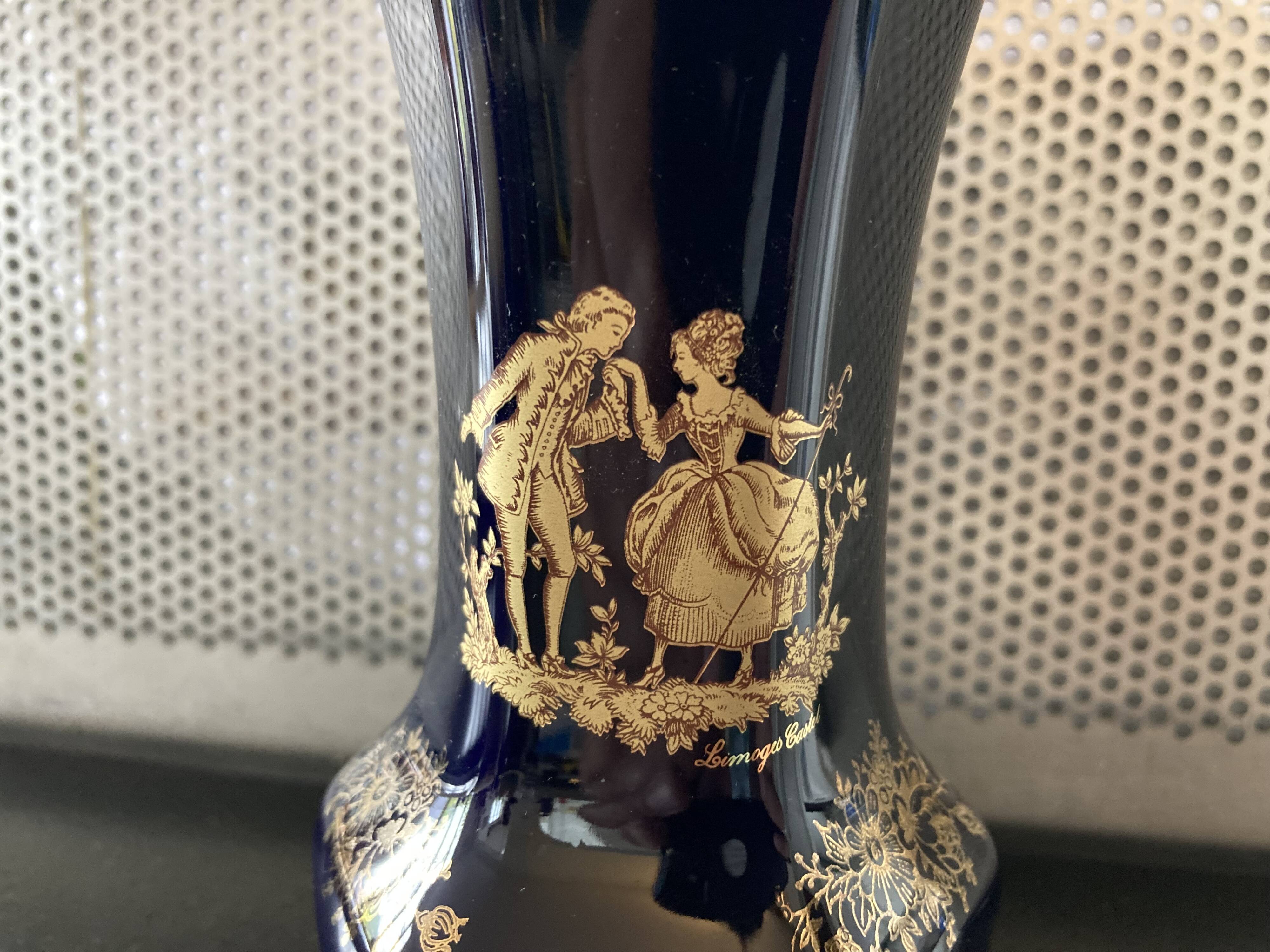 Limoges Castel France cobalt blue hexagonal porcelain vase with 22K GOLD courtesy scene