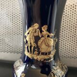 Limoges Castel France cobalt blue hexagonal porcelain vase with 22K GOLD courtesy scene